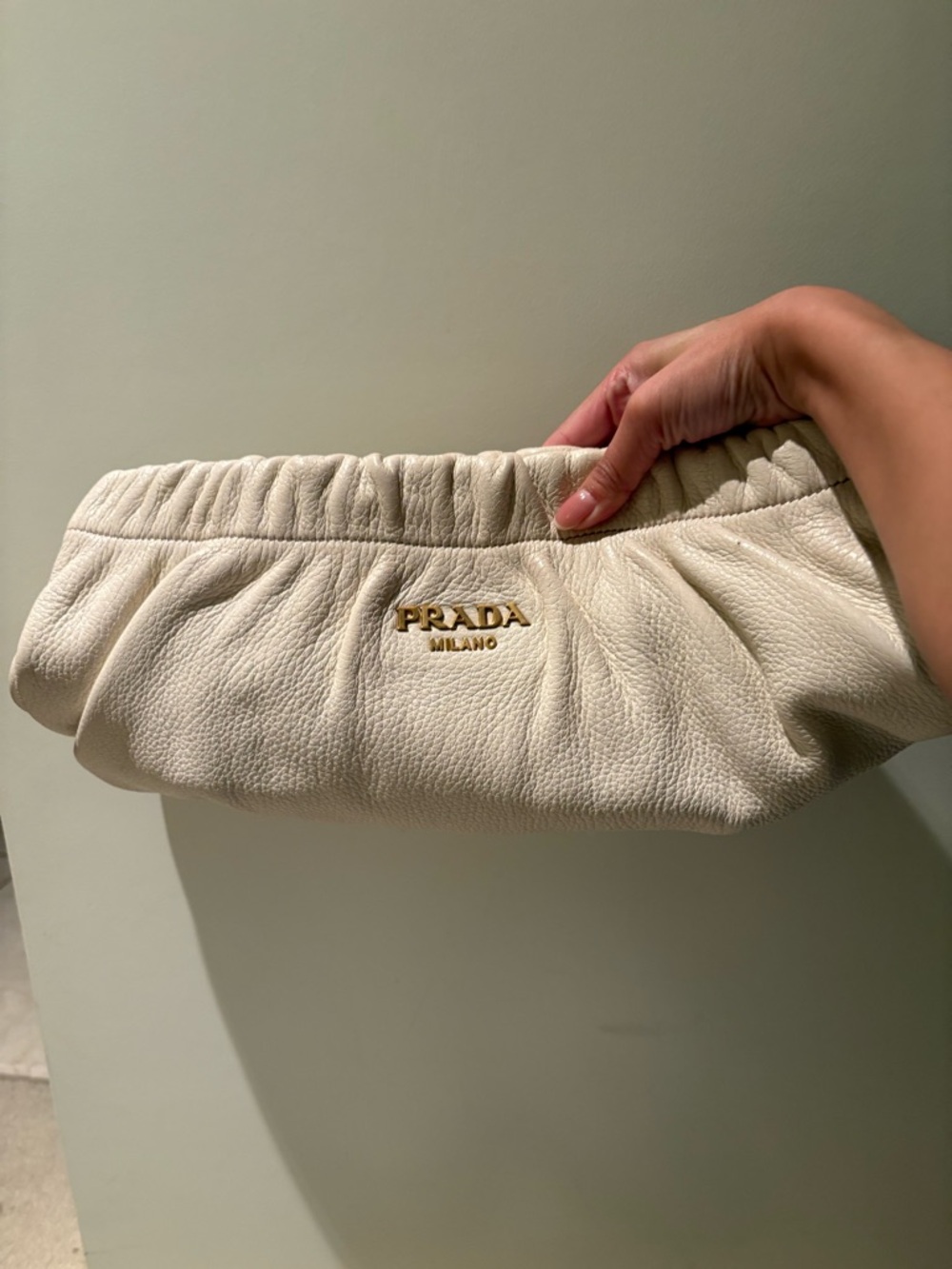 Prada Cream Leather Ruched  Clutch with Gold Logo